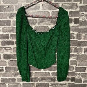 Reformation blouse green black smocked back shirt top